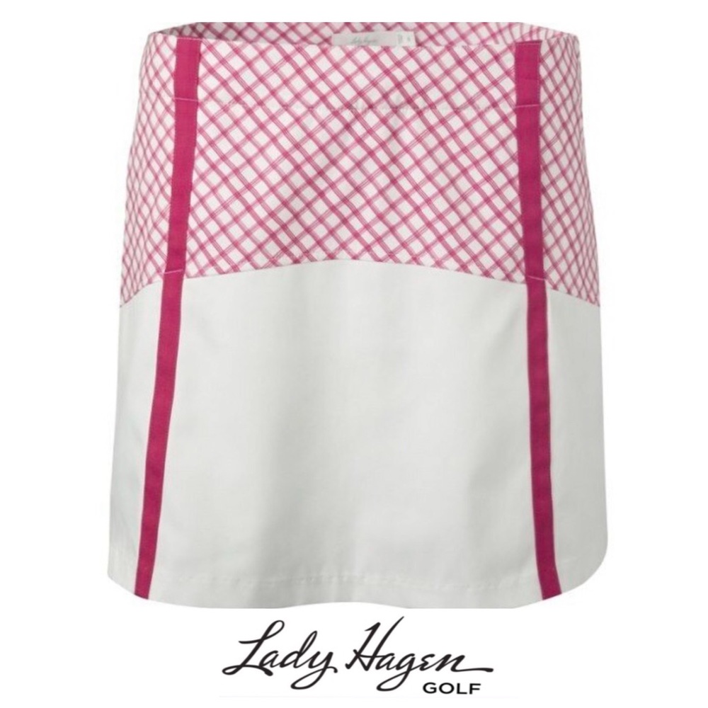 Lady Hagen Golf Skort Pink Crush Windowpane Block Ribbon Trim Pockets Sz S/2 NWT